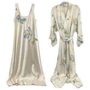 Natori Cream Blue Floral Satin Slip Dress & Robe Set | Size XS